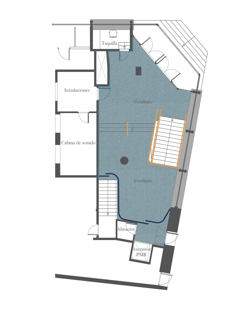 Plano de planta, vestíbulo. Remodelación del Teatro Maravillas por Canobardin.