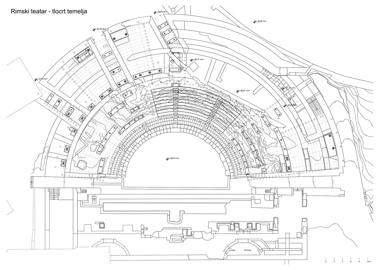 Plano de planta cimientos. Reconstrucción del Teatro Romano de Pula por Emil Jurcan.