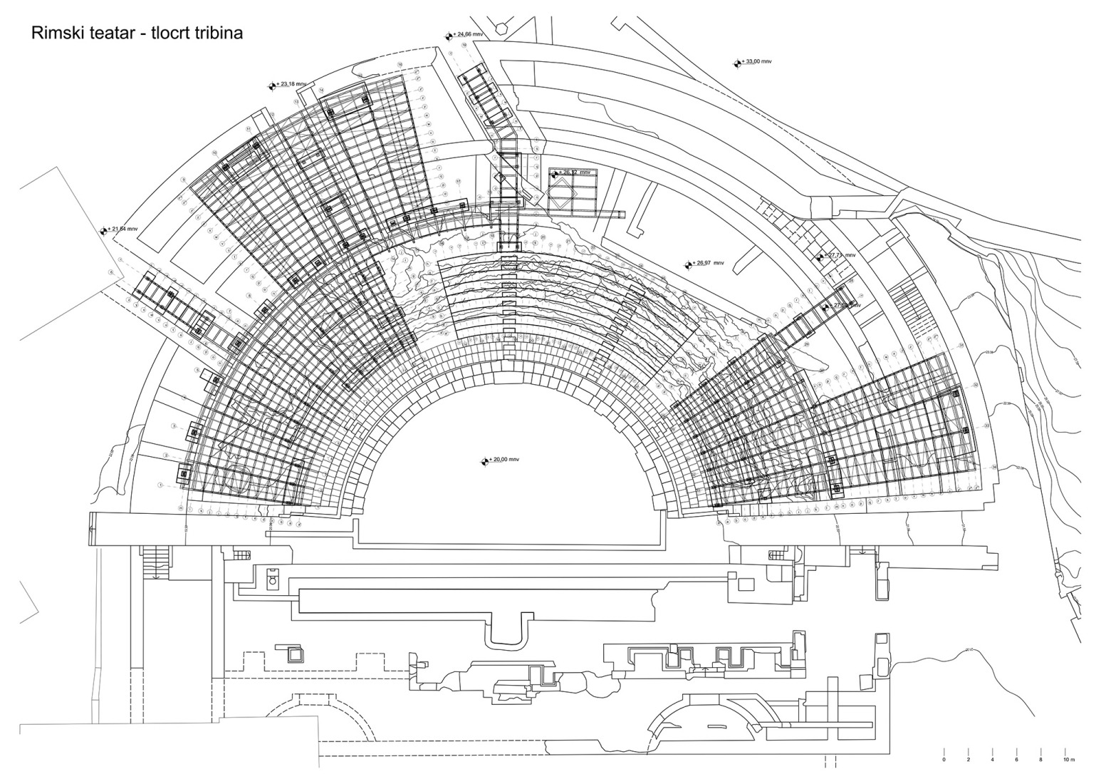 Plano de planta construcción. Reconstrucción del Teatro Romano de Pula por Emil Jurcan.