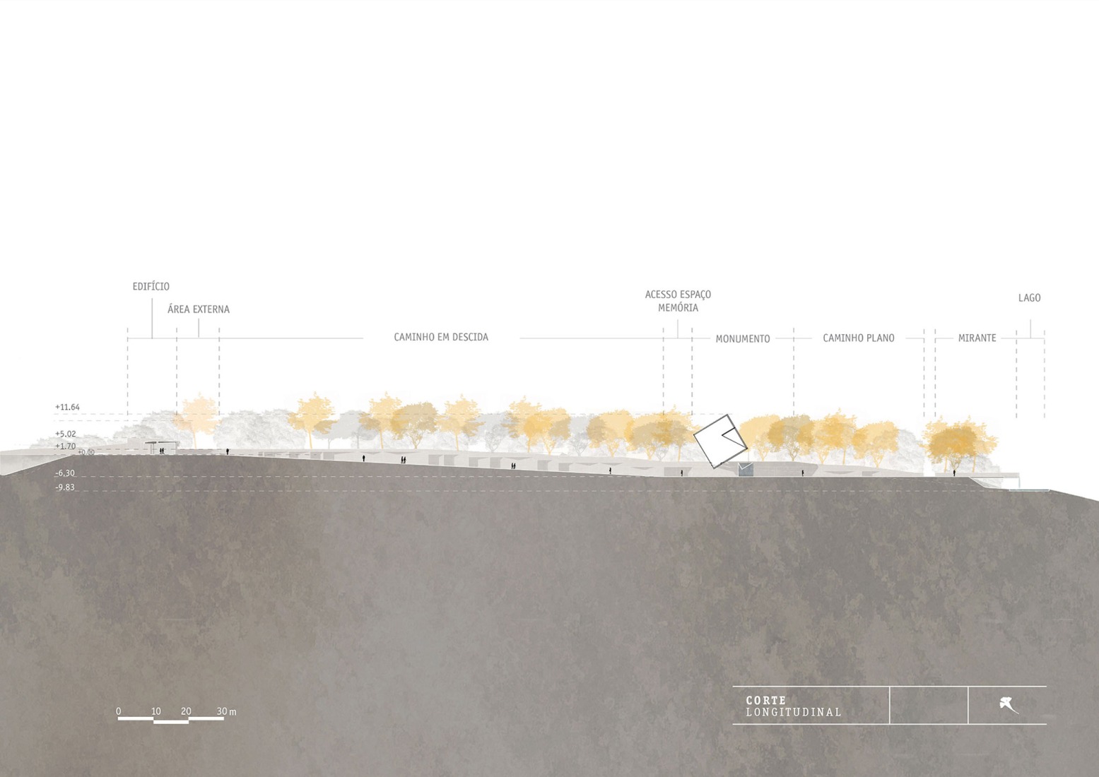 Sección longitudinal. Memorial de Brumadinho por Gustavo Penna Arquitetos Associados.