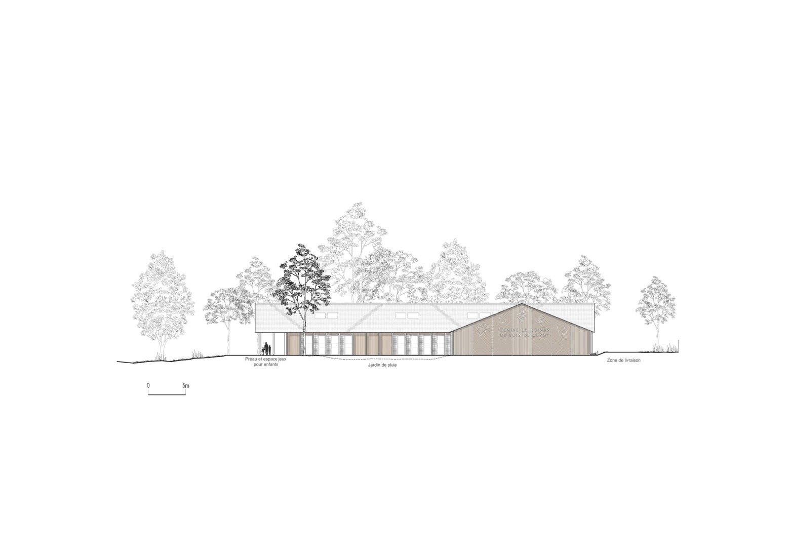 Alzado norte. Centro de Ocio Bois de Cergy por PLURIEL[LES] ARCHITECTES.