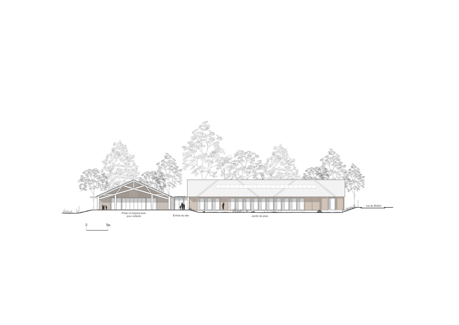Alzado sur. Centro de Ocio Bois de Cergy por PLURIEL[LES] ARCHITECTES. 