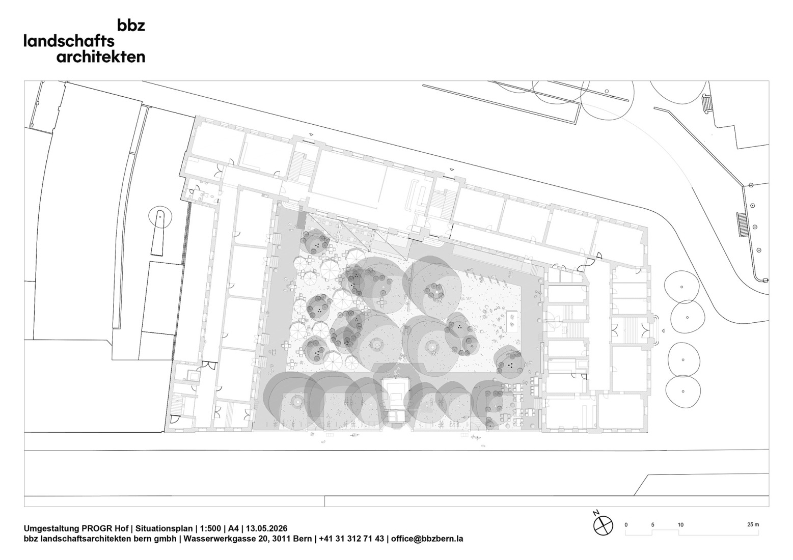 Site plan. Redevelopment of the PROGR Courtyard in Berne, Switzerland by Salewski Nater Kretz, Miriam Sturzenegger  and bbz landschaftsarchitekten.