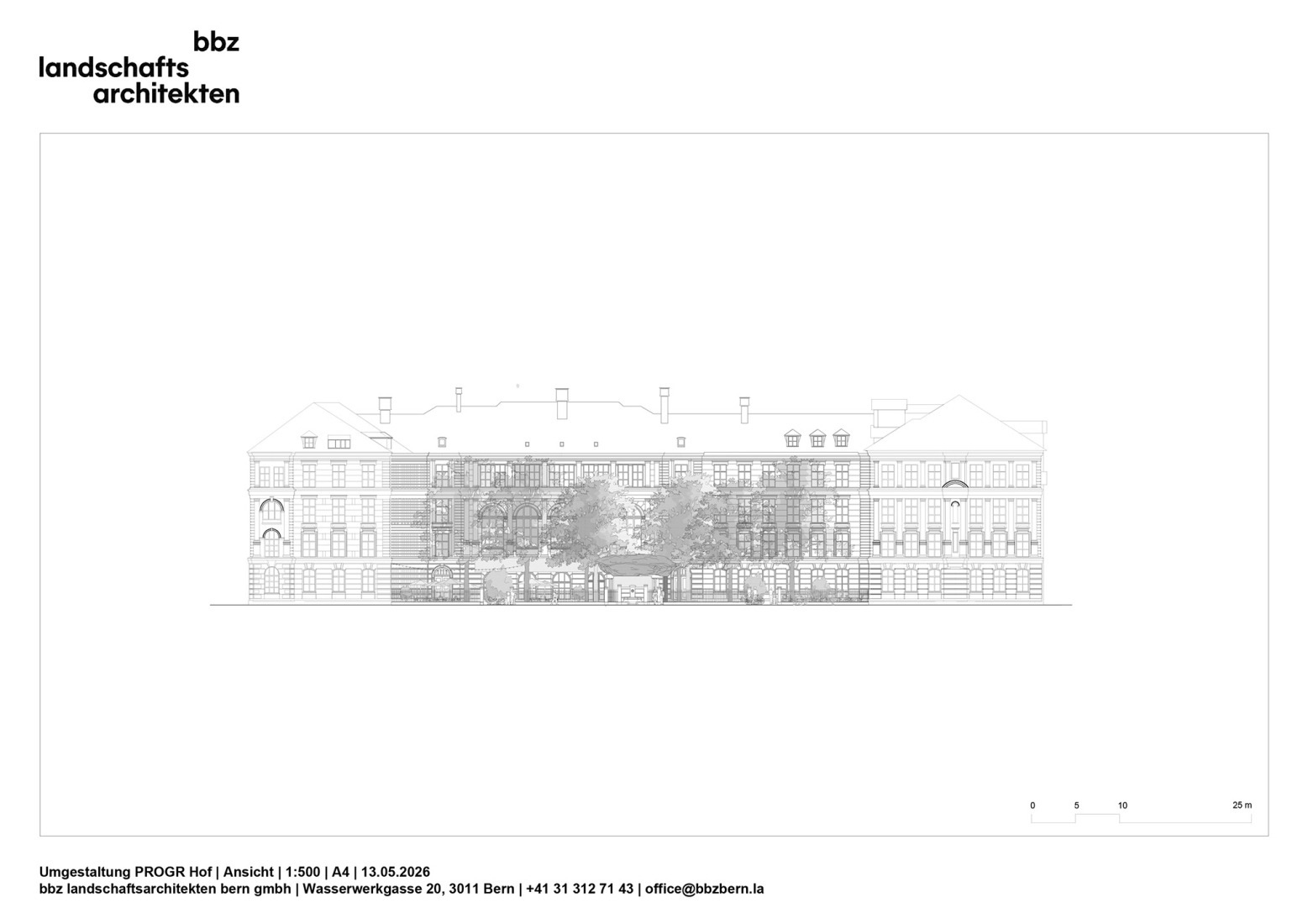 Elevation. Redevelopment of the PROGR Courtyard in Berne, Switzerland by Salewski Nater Kretz, Miriam Sturzenegger  and bbz landschaftsarchitekten.