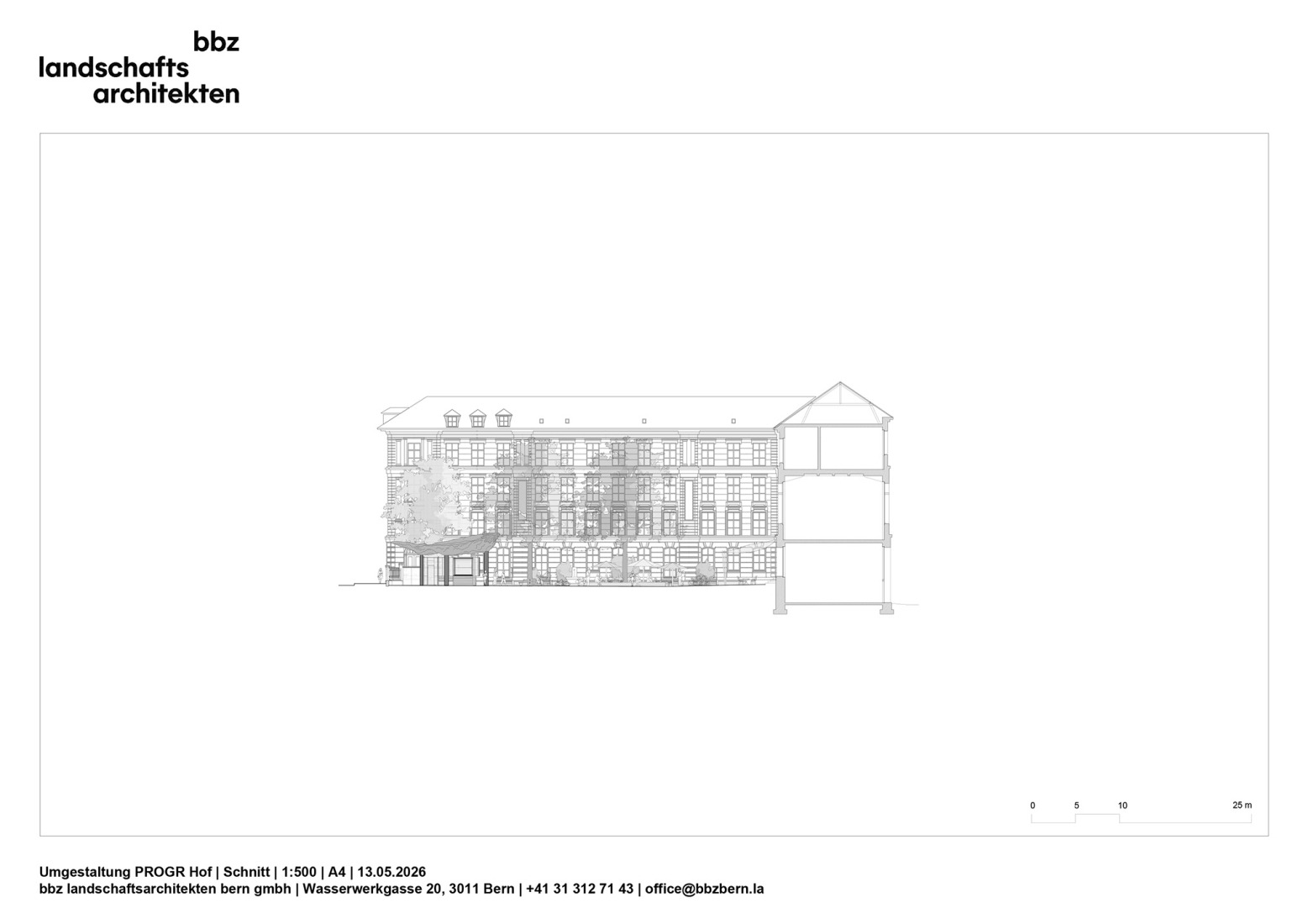 Elevation. Redevelopment of the PROGR Courtyard in Berne, Switzerland by Salewski Nater Kretz, Miriam Sturzenegger  and bbz landschaftsarchitekten.