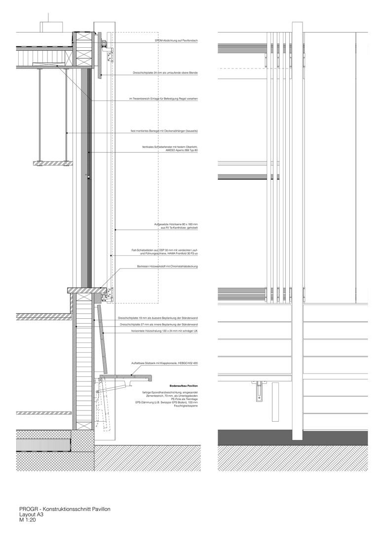 Construction section. Redevelopment of the PROGR Courtyard in Berne, Switzerland by Salewski Nater Kretz, Miriam Sturzenegger  and bbz landschaftsarchitekten.