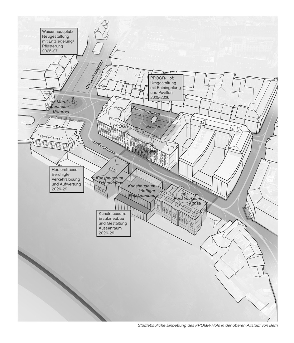 Axonometry. Redevelopment of the PROGR Courtyard in Berne, Switzerland by Salewski Nater Kretz, Miriam Sturzenegger  and bbz landschaftsarchitekten.