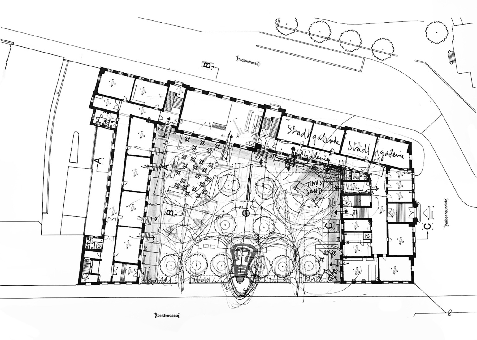Sketch. Redevelopment of the PROGR Courtyard in Berne, Switzerland by Salewski Nater Kretz, Miriam Sturzenegger  and bbz landschaftsarchitekten.