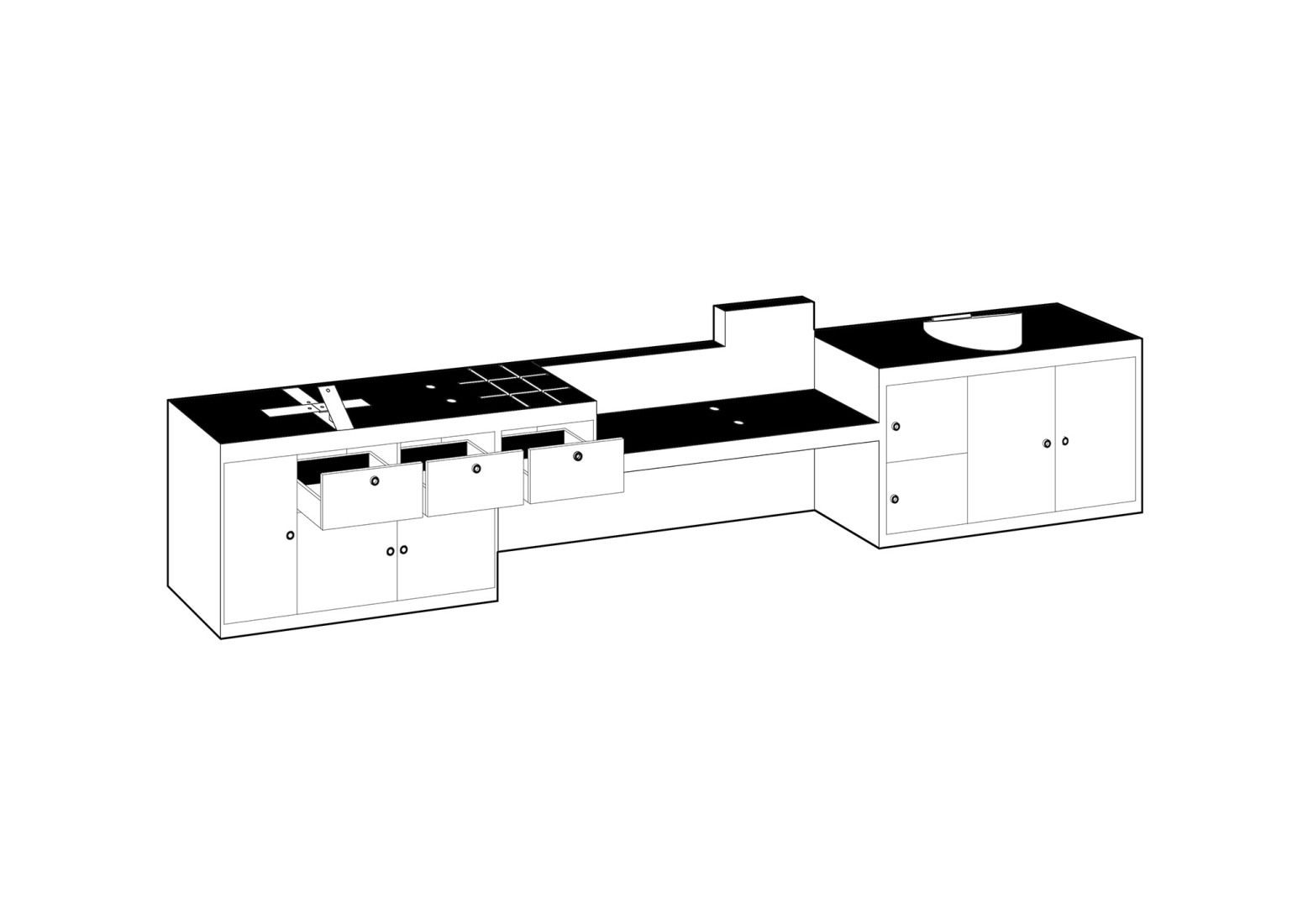 Axonometría mueble recepción. Correcciones Tipológicas: CA2M+ por Pedro Pitarch.