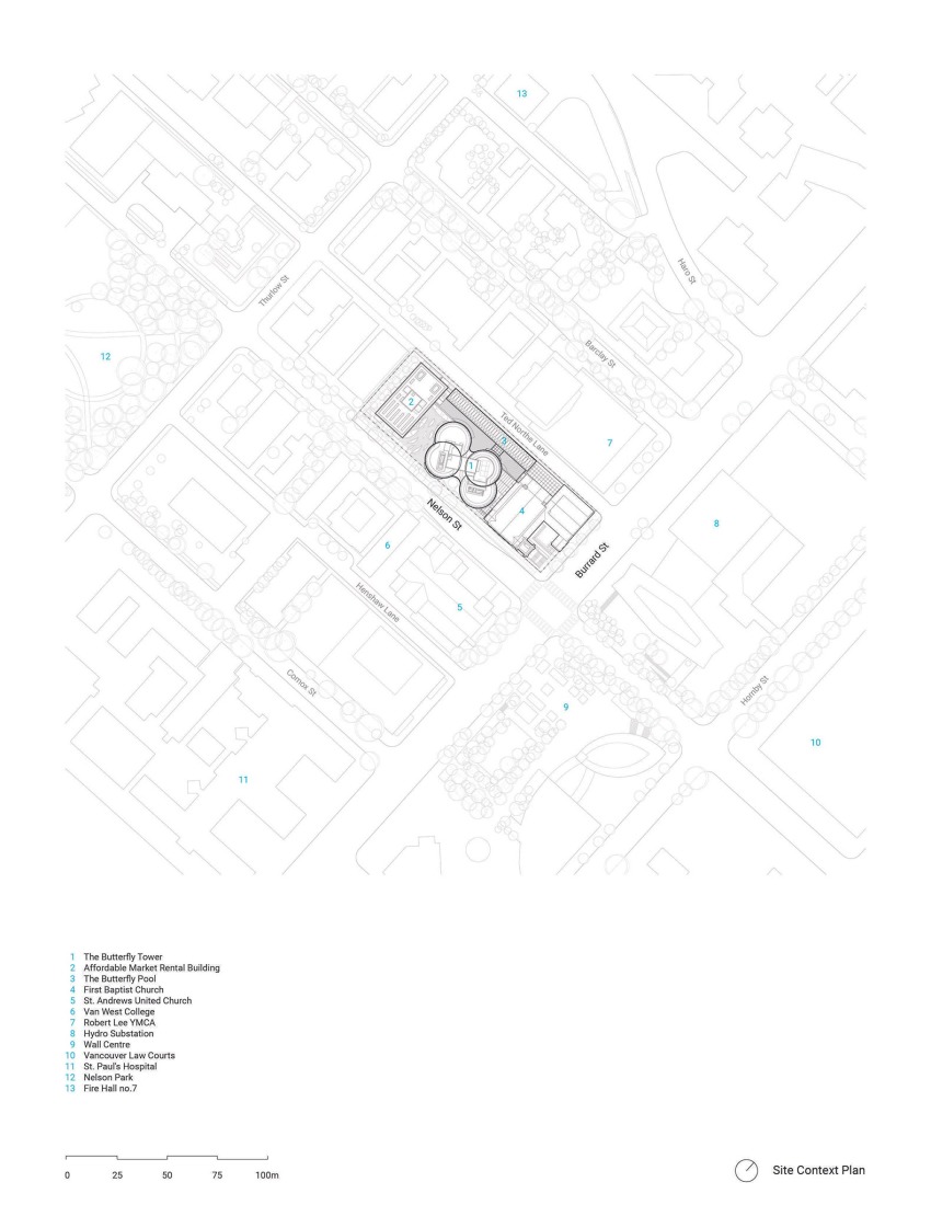 Site plan. The Butterfly + First Baptist Church Complex by Revery Architecture.
