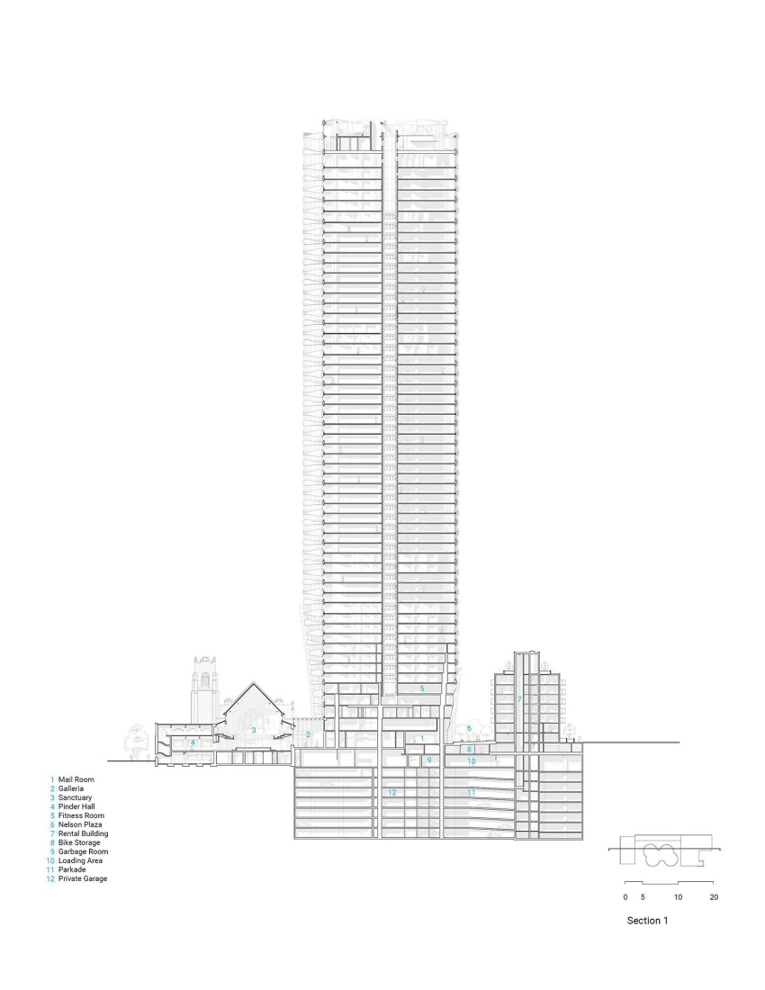 Section. The Butterfly + First Baptist Church Complex by Revery Architecture.