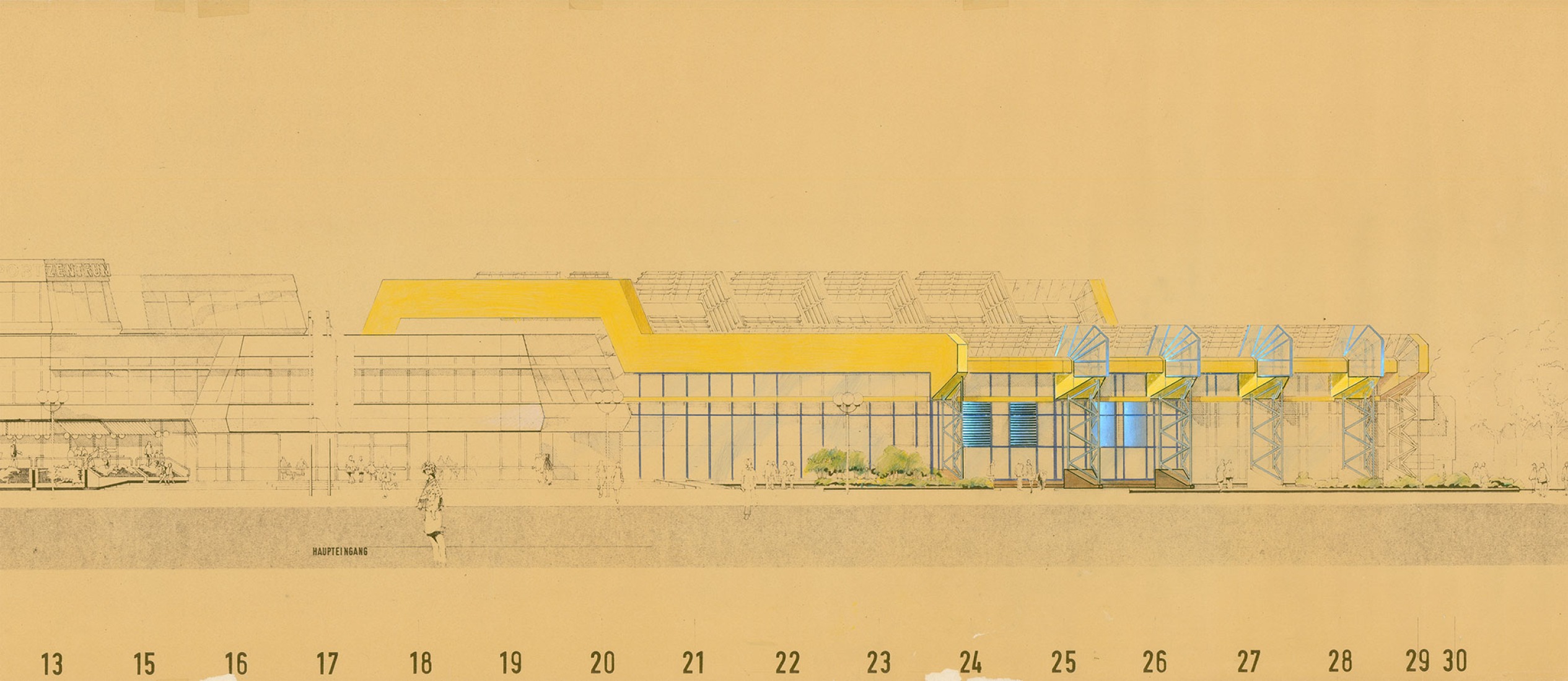 Günter Reiss (HOCHTIEF), estudio de color del alzado (detalle), 1979. Archivo Günter Reiss. Exposición «SEZ – The Im/Possibility of an Island».