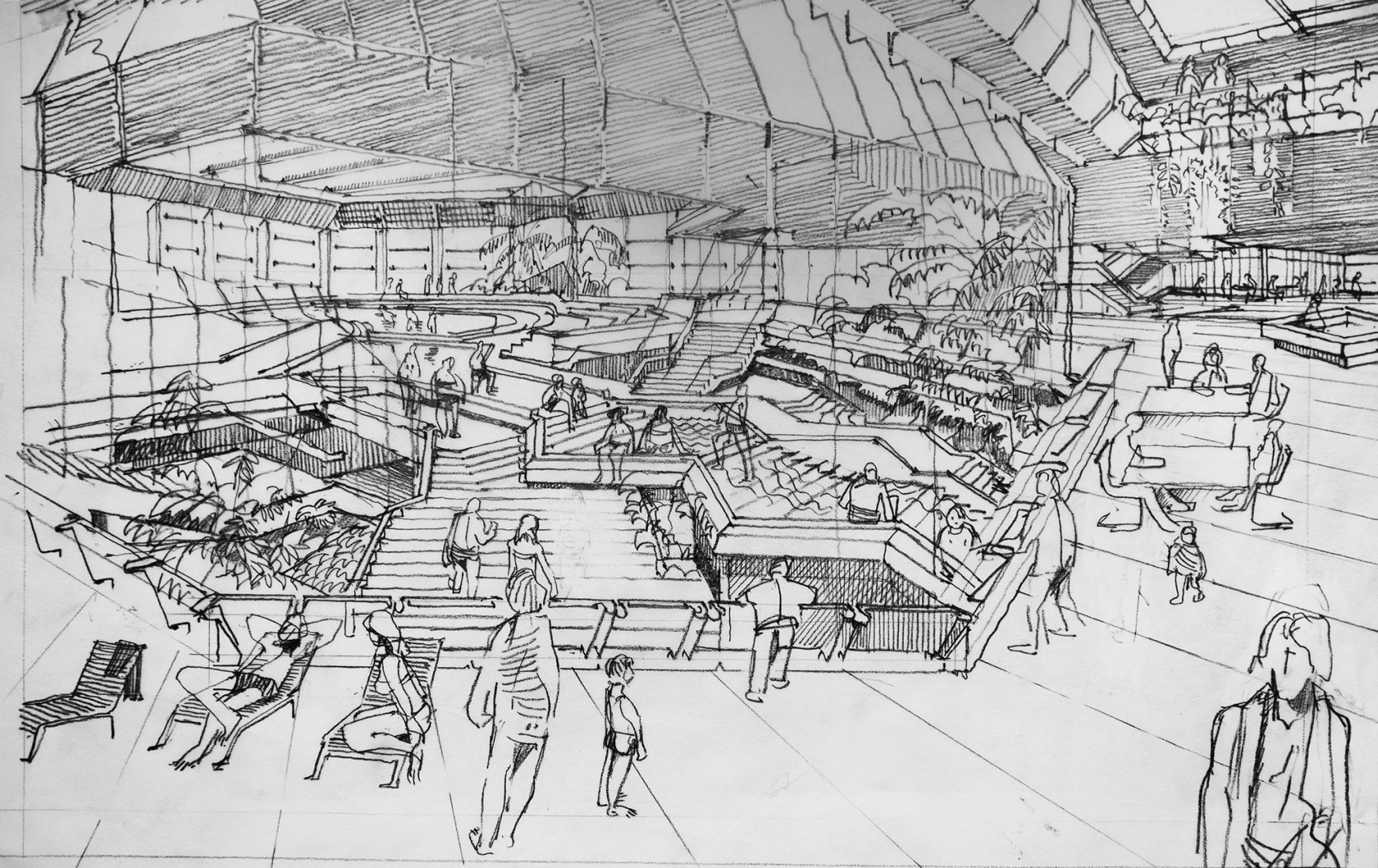 Günter Reiss (HOCHTIEF), vista en perspectiva de la cascada y el puente, 1977. Archivo Günter Reiss.. Exposición «SEZ – The Im/Possibility of an Island».