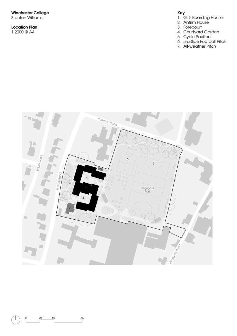 Plano de situación. Primeras residencias femeninas en Winchester College por Stanton Williams.