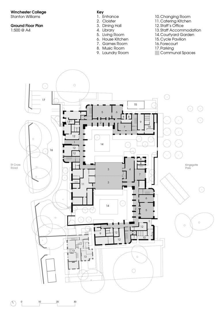 Plano de planta baja. Primeras residencias femeninas en Winchester College por Stanton Williams.