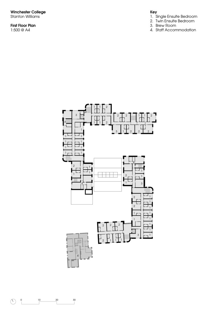 Plano de primera planta. Primeras residencias femeninas en Winchester College por Stanton Williams.