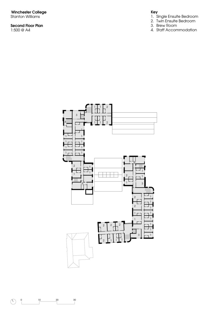 Plano de segunda planta. Primeras residencias femeninas en Winchester College por Stanton Williams.