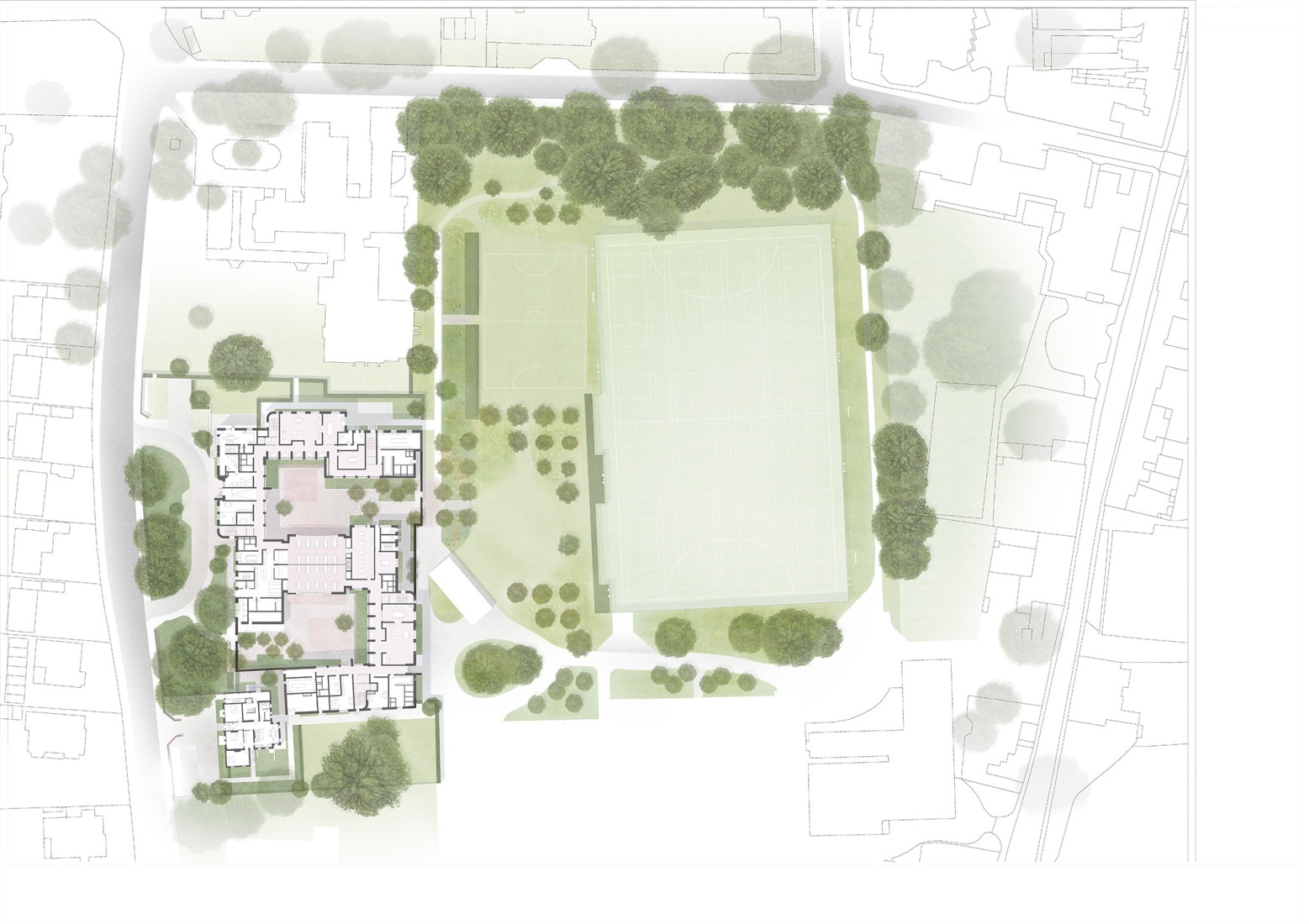 Plano de paisajismo. Primeras residencias femeninas en Winchester College por Stanton Williams.