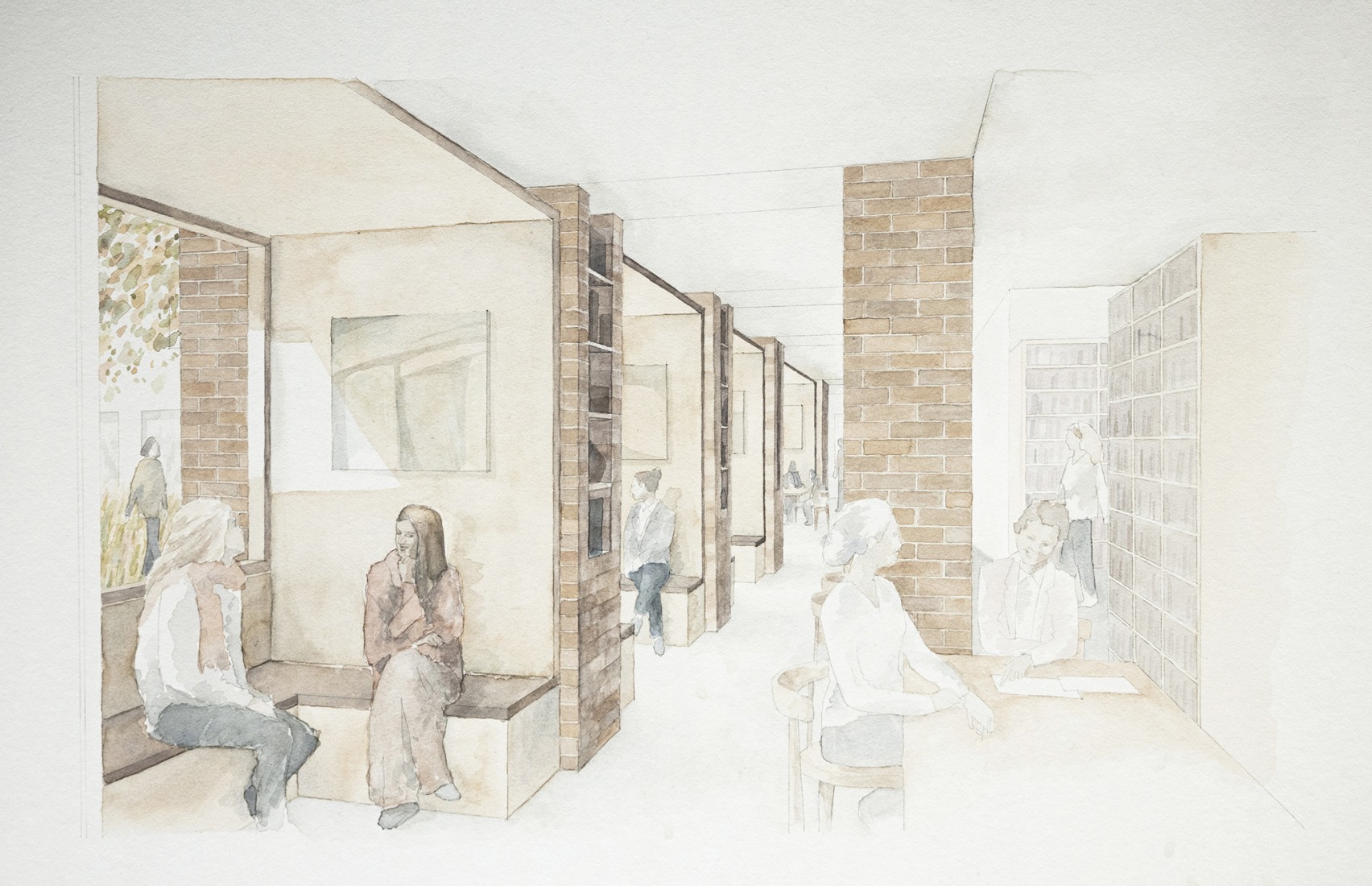 Boceto. Primeras residencias femeninas en Winchester College por Stanton Williams.