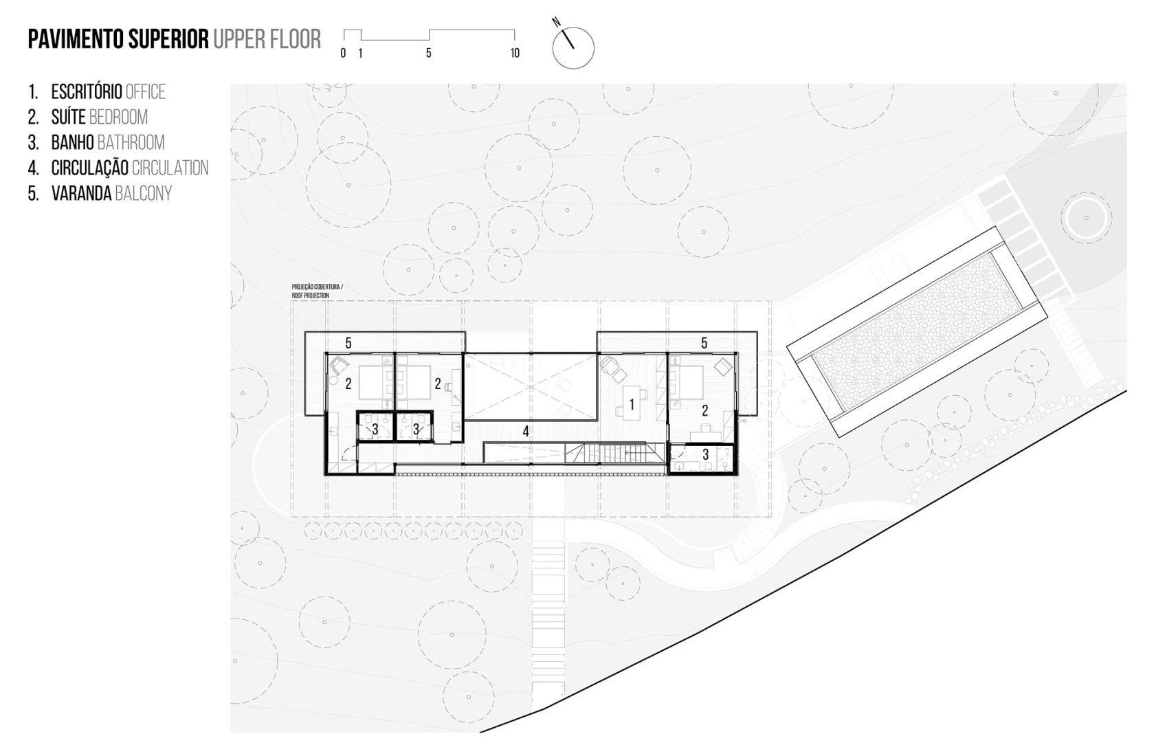 First floor plan. Pinhal House by Cornetta Arquitetura.