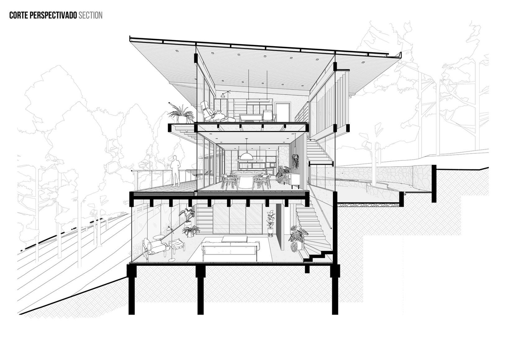 Section. Pinhal House by Cornetta Arquitetura.