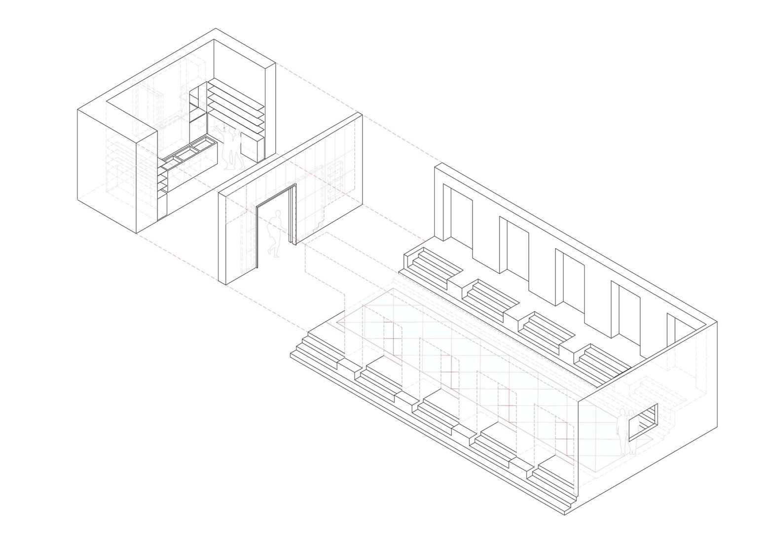 Axonometría. Nueva Tienda del Teatro de la Zarzuela de Madrid por Donaire Milans Arquitectos.