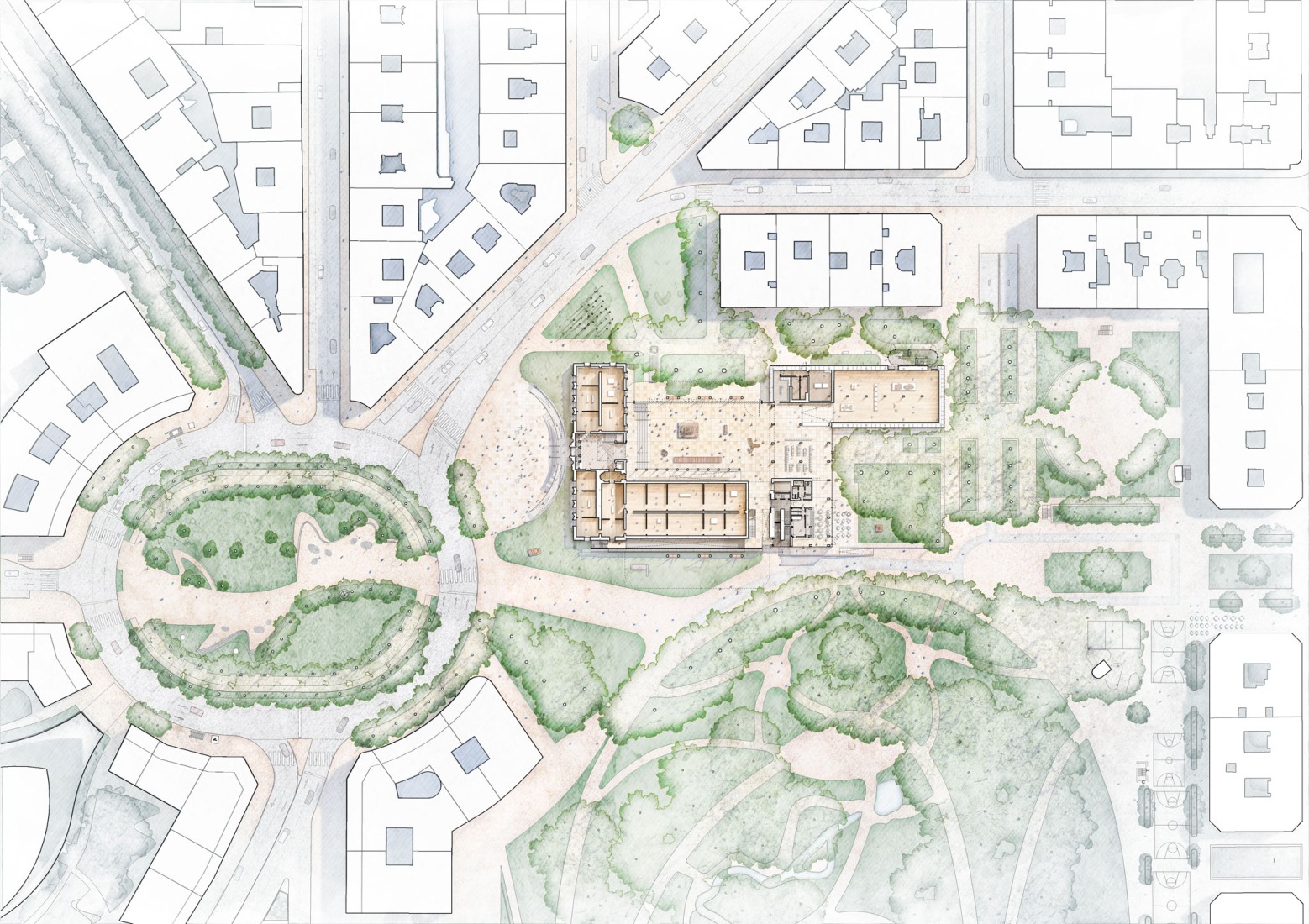 Ground floor plan. Expansion of the Bilbao Fine Arts Museum by Foster + Partners.