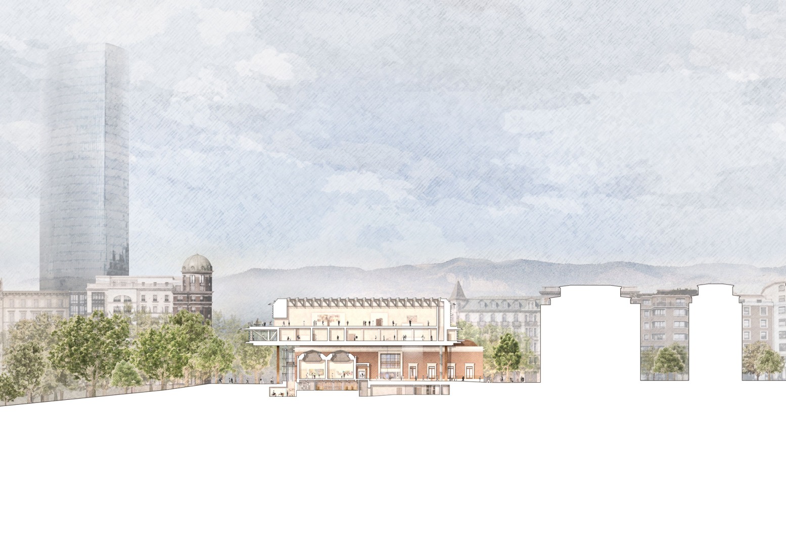 Section. Expansion of the Bilbao Fine Arts Museum by Foster + Partners.