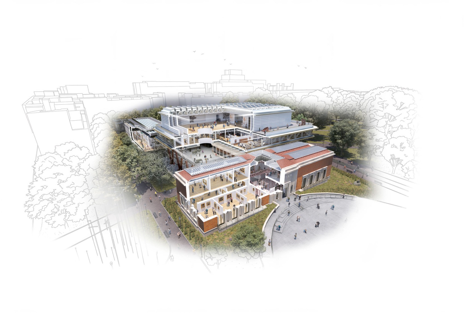 Axonometry. Expansion of the Bilbao Fine Arts Museum by Foster + Partners.