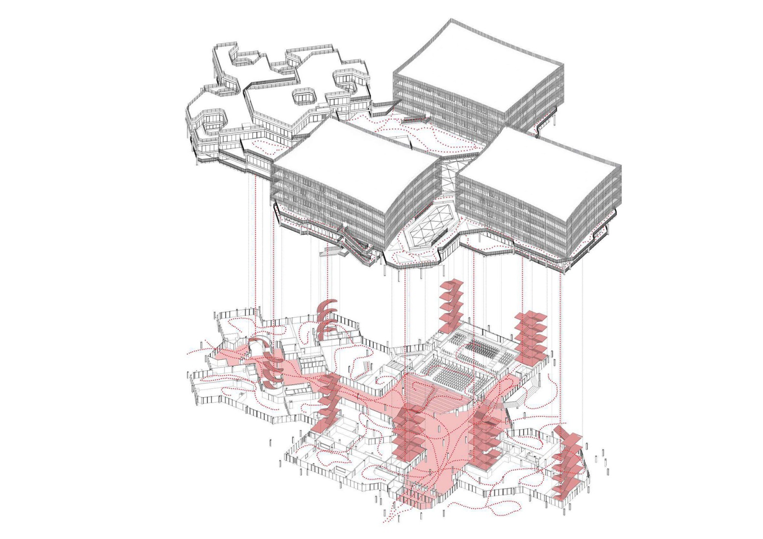 Exploded isometric view. Campus du Parc by It's architecture.