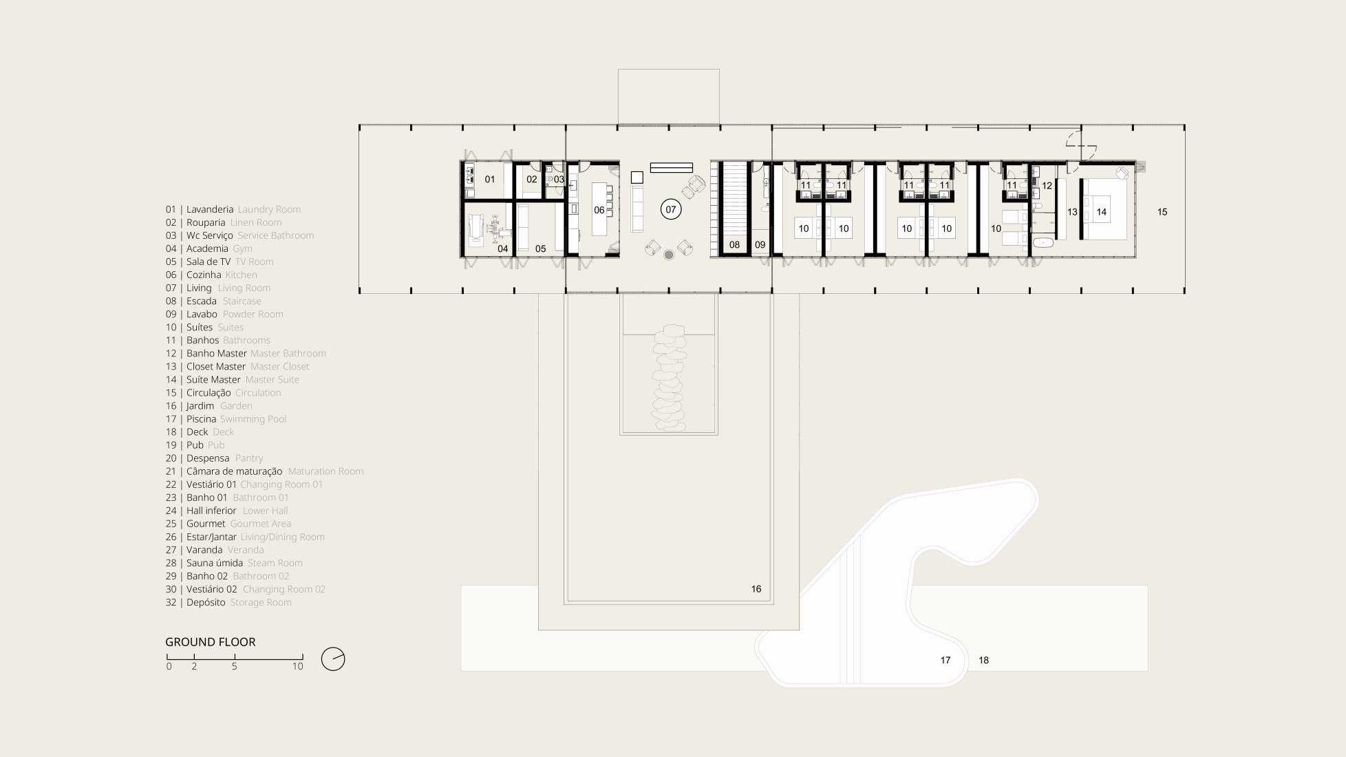 Ground floor plan. Celeiro House by mf+arquitetos.
