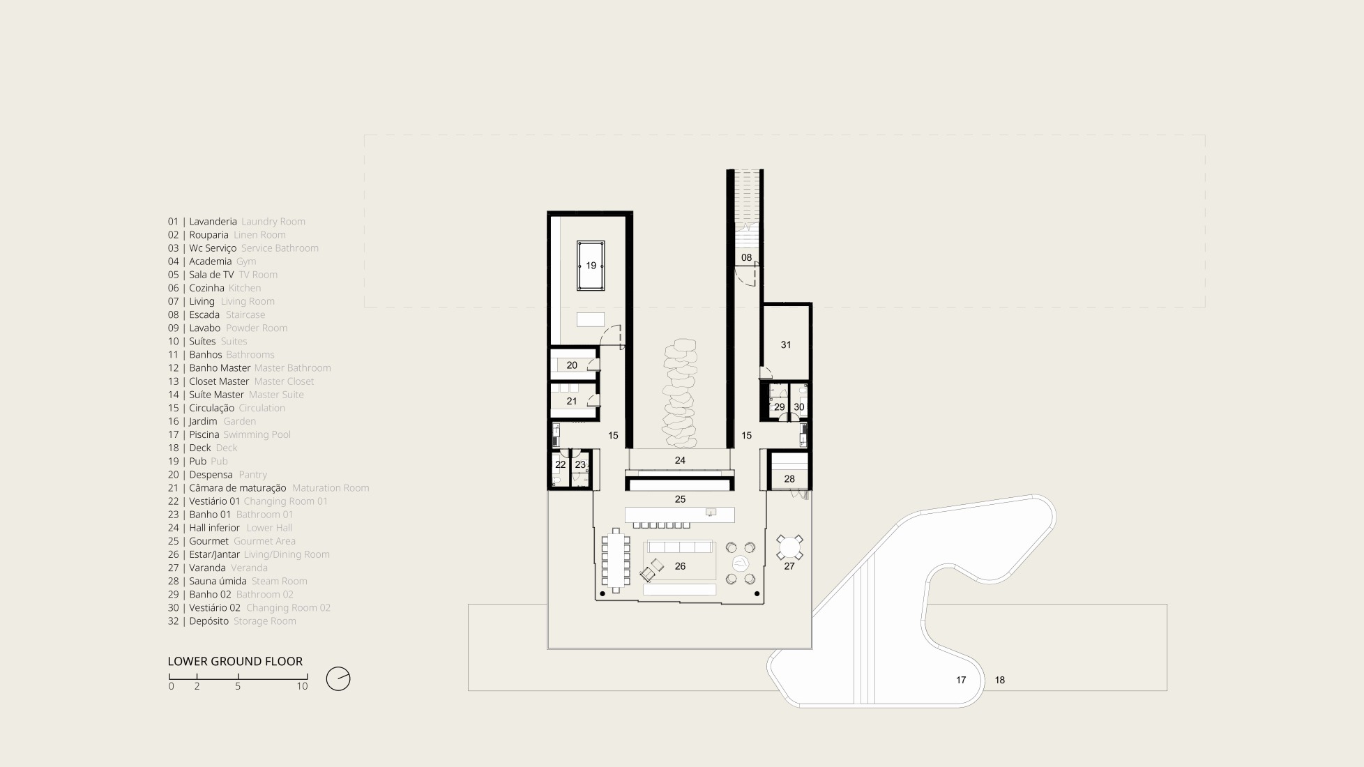 First floor plan. Celeiro House by mf+arquitetos.