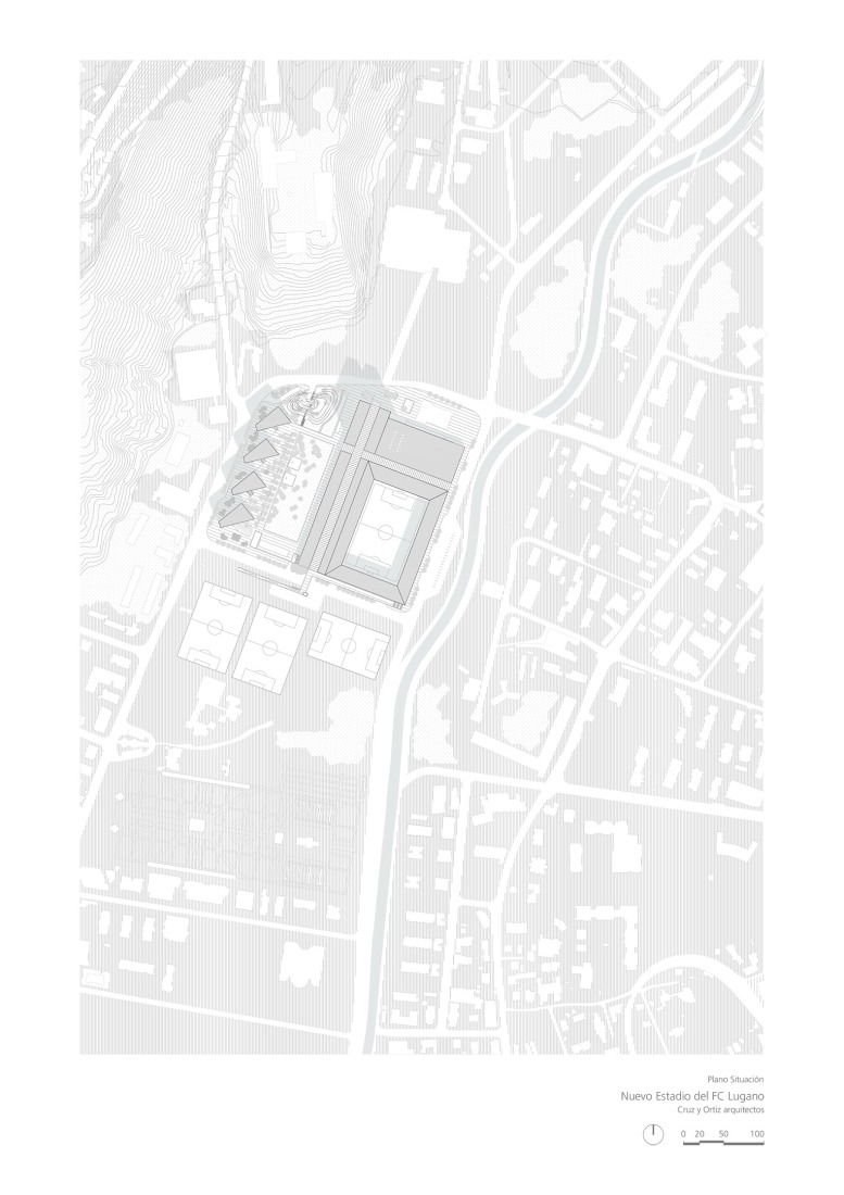 Site plan. Arena Sportiva by Cruz y Ortiz Arquitectos SLP + Giraudi Radczuweit Architetti Sagl. 