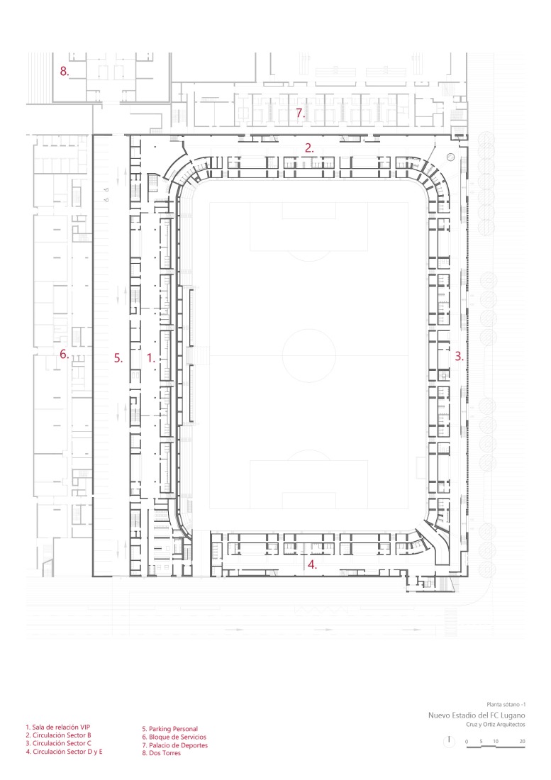 Basement plan -2. Arena Sportiva by Cruz y Ortiz Arquitectos SLP + Giraudi Radczuweit Architetti Sagl.