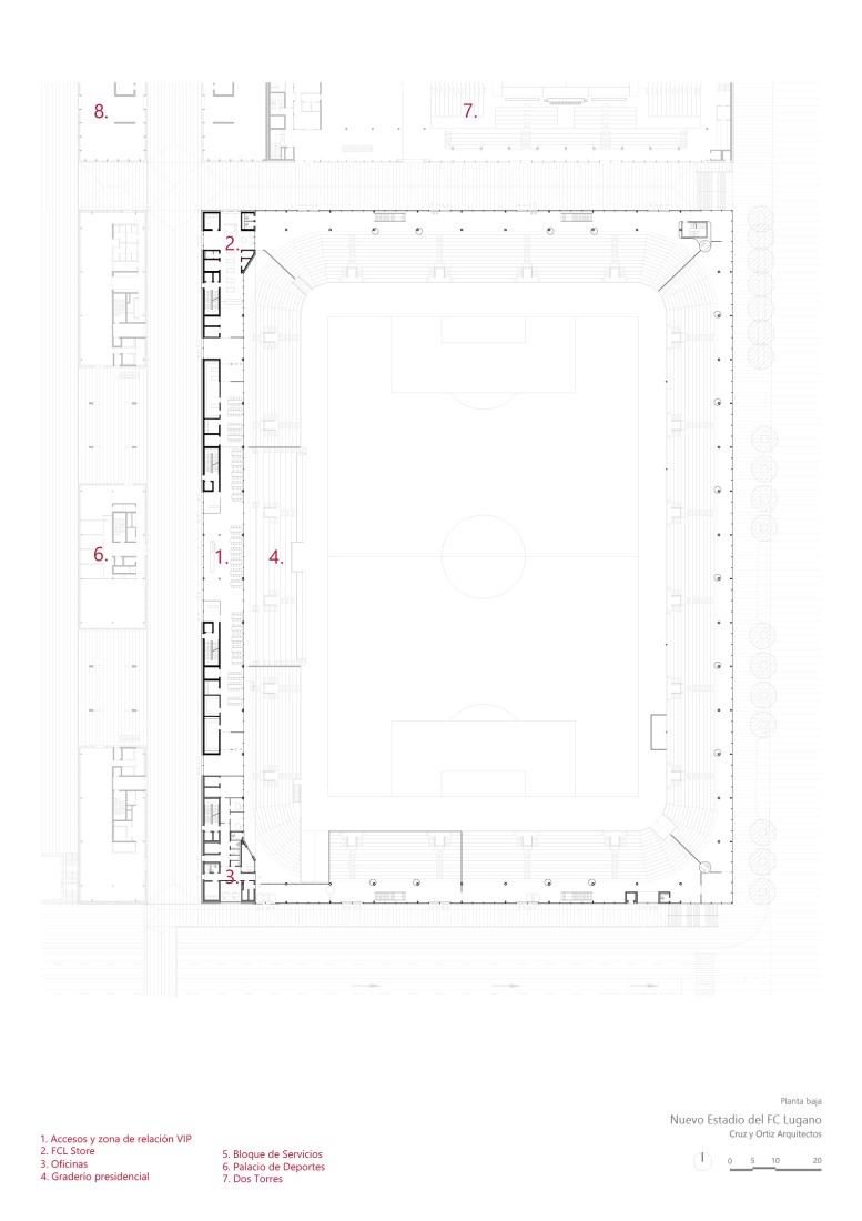 Ground floor. Arena Sportive by Cruz y Ortiz Arquitectos SLP + Giraudi Radczuweit Architetti Sagl.