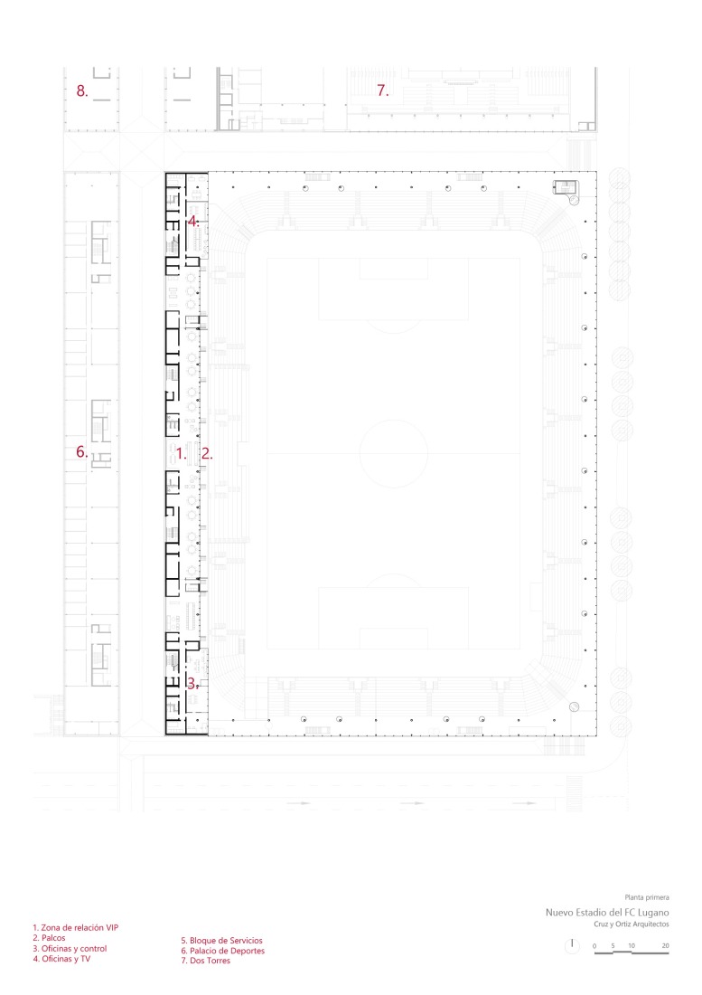 First floor. Arena Sportiva by Cruz y Ortiz Arquitectos SLP + Giraudi Radczuweit Architetti Sagl.