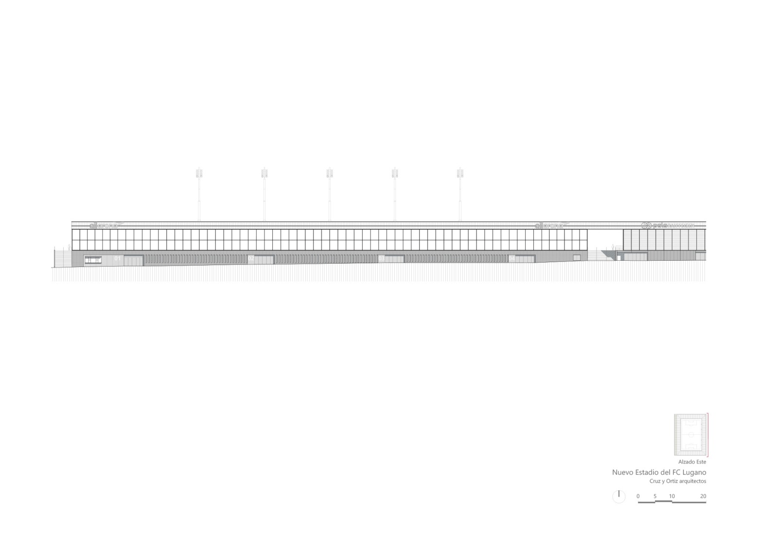 East elevation. Arena Sportiva by Cruz y Ortiz Arquitectos SLP + Giraudi Radczuweit Architetti Sagl.