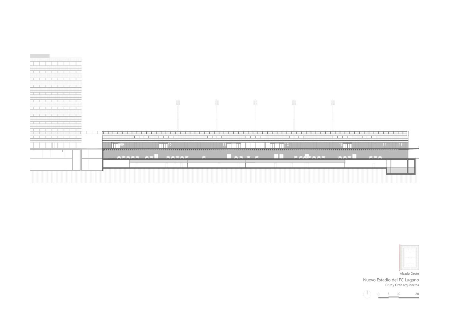 West elevation. Arena Sportiva by Cruz y Ortiz Arquitectos SLP + Giraudi Radczuweit Architetti Sagl.