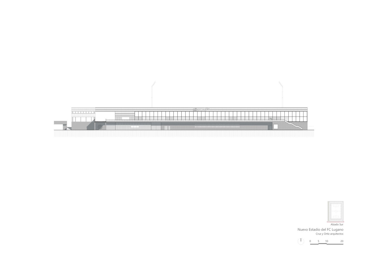 South elevation. Arena Sportiva by Cruz y Ortiz Arquitectos SLP + Giraudi Radczuweit Architetti Sagl.