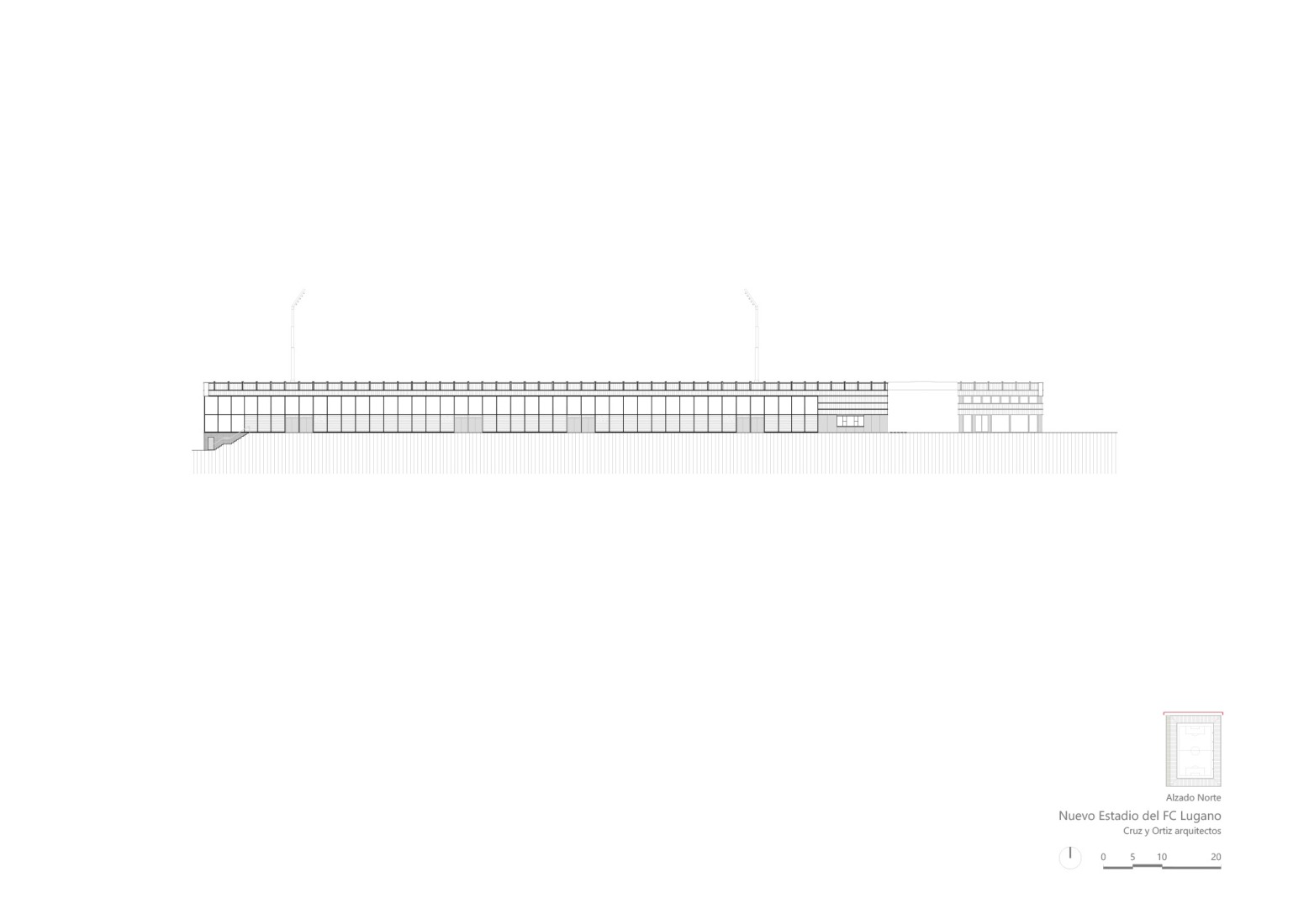 North elevation. Arena Sportiva by Cruz y Ortiz Arquitectos SLP + Giraudi Radczuweit Architetti Sagl.