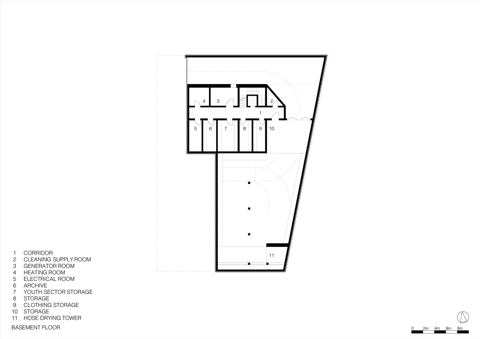 Basement floor plan. Civil Protection Centre by Roland Baldi Architects.
