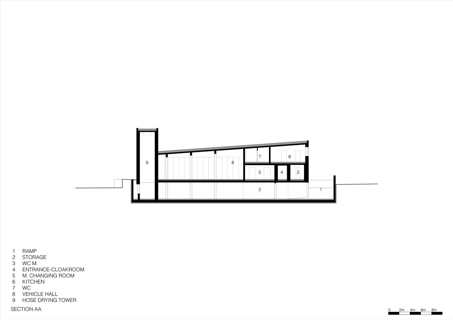 Section A-A'. Civil Protection Centre by Roland Baldi Architects.