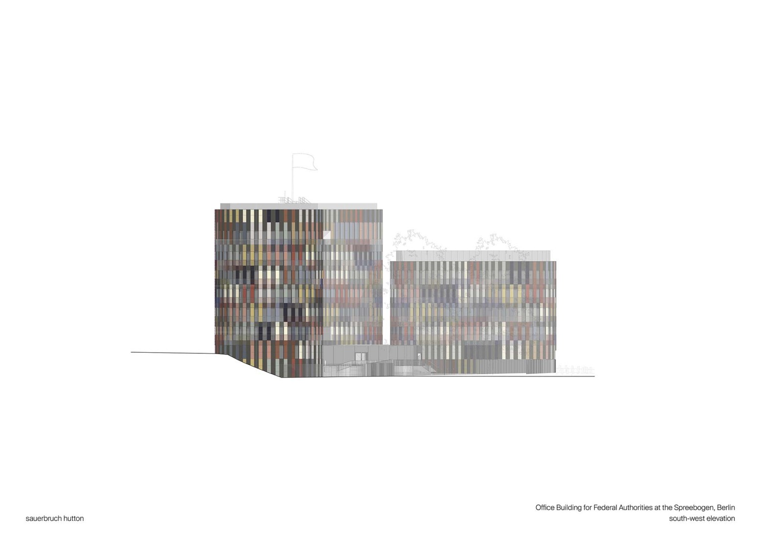 Elevation. Office Building for Federal Authorities at the Spreebogen by Sauerbruch Hutton.