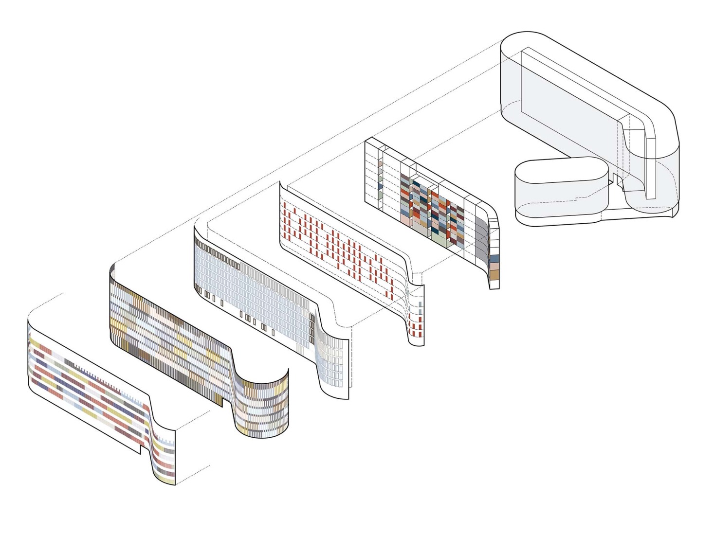 Axonometry. Office Building for Federal Authorities at the Spreebogen by Sauerbruch Hutton.