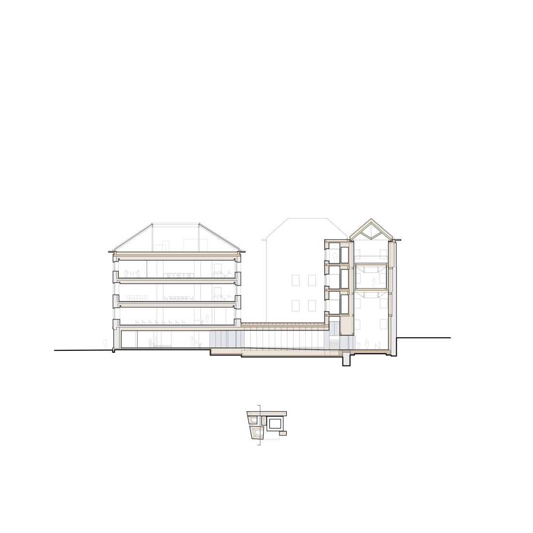 Section. Comprehensive Architectural Renovation of the Euskal Museoa Bilbao by Vaillo + Architects.