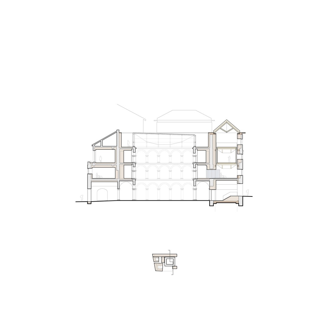 Section. Comprehensive Architectural Renovation of the Euskal Museoa Bilbao by Vaillo + Architects.