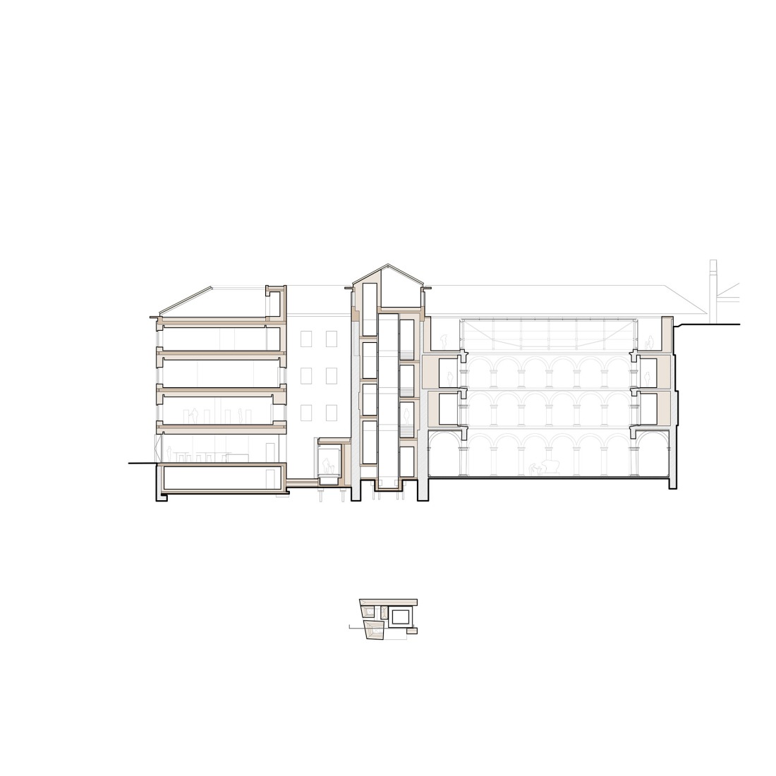 Section. Comprehensive Architectural Renovation of the Euskal Museoa Bilbao by Vaillo + Architects.