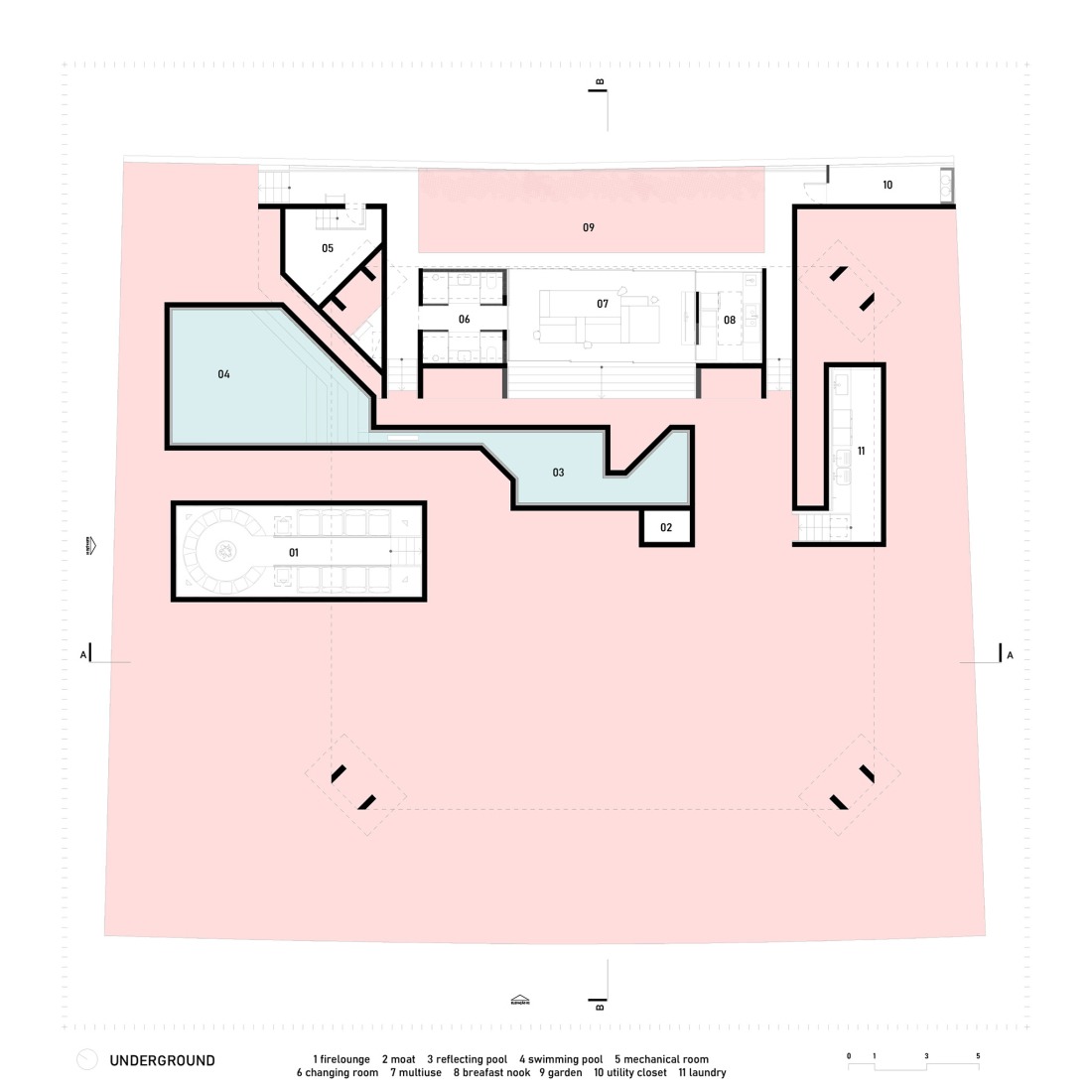 Basement floor plan. HAVEBLUE House by Yuri Vital Arquiteto.