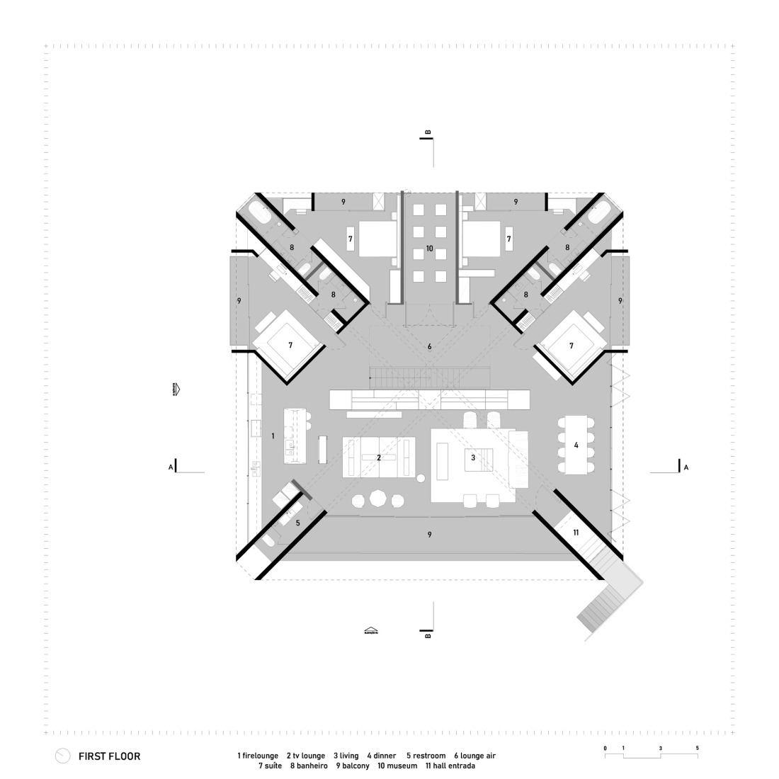 First floor plan. HAVEBLUE House by Yuri Vital Arquiteto.