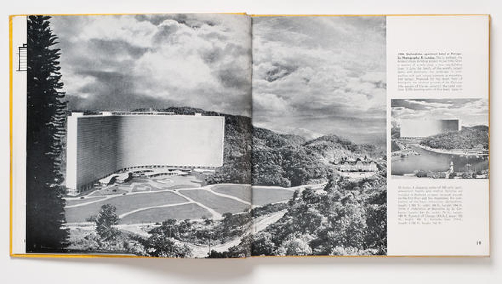 R. Landau, fotógrafo. Vistas de la maqueta para el Hotel Quitandinha y el Bloque de apartamentos en Petrópolis, Rio de Janeiro, Brasil, diseñado por Oscar Niemeyer, fotomontajes. 1950